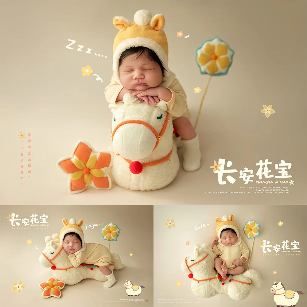 Soft Plush Horse Photography Props for Newborn Adorable Animal Themed Baby Horse Costume Studio Baby Milestone Photo Accessories