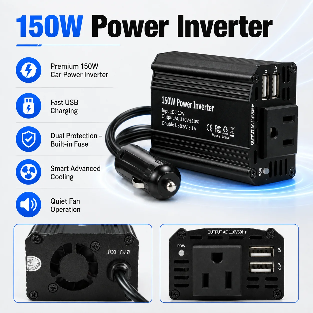 Car Power Inverter 150W Modified Sine Wave Inverter DC 12V to 110V AC US Socket Fast Charging Car Charger for Road Trip Camping Emergency Laptop Tablet Smartphone Camera