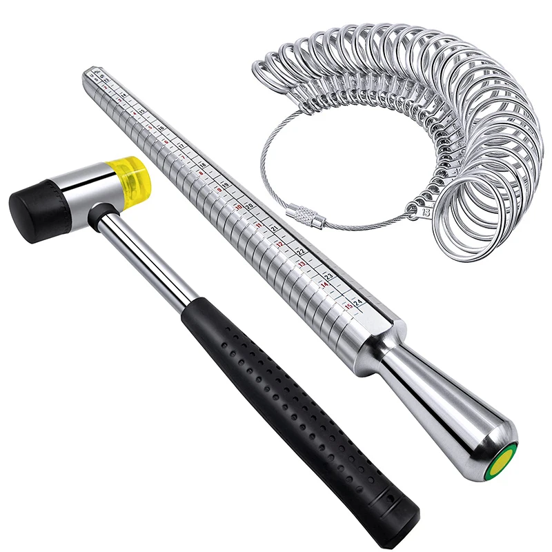 Ring Sizer Measuring Tool Set Including Ring Mandrel Metal Ring Sizer Gauge Kit Rubber Jeweler's Mallet Hammer US Plug