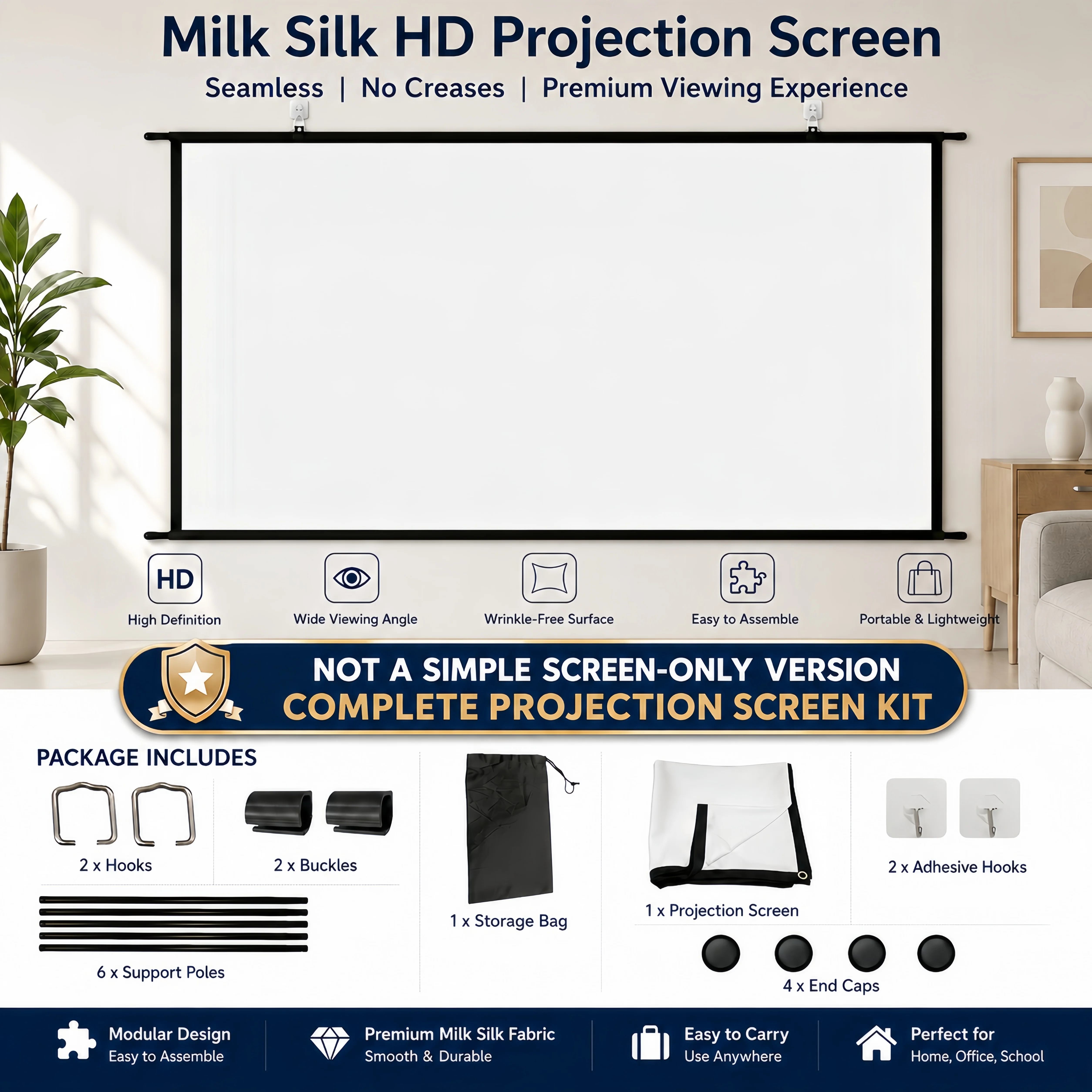 

Milk Silk Projector Screen 60-120" HD Foldable No Crease 16:9 Wall Mount Home Theater