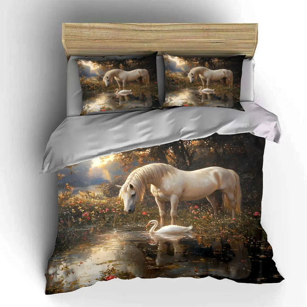 Horse and Swan Meeting in Lake Printed Duvet Cover Set 1 Duvet Cover+2 Pillowcase Multi Size Bedroom Bedding Decor Luxury Gift 5