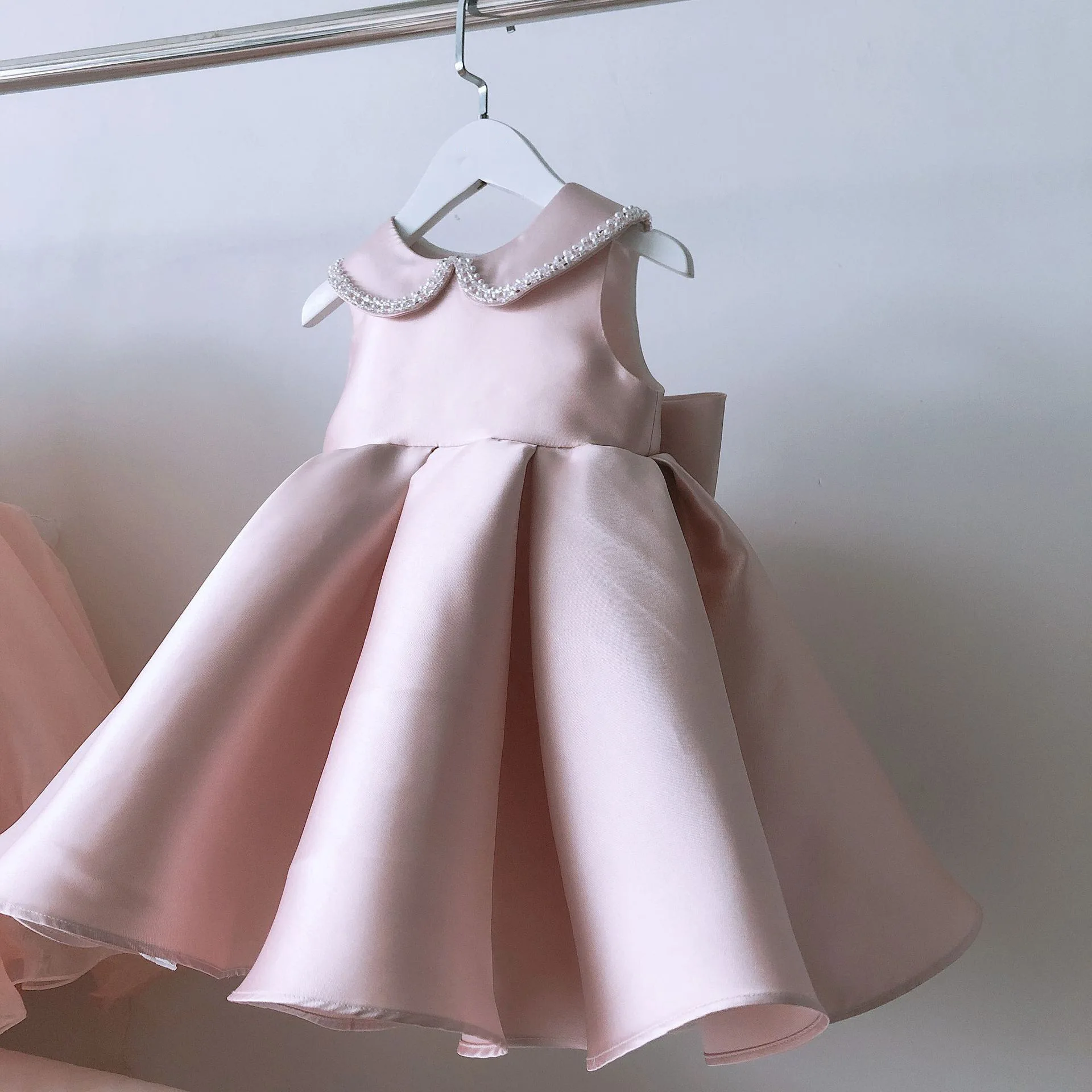 Summer Pink Little Girls Princess Dress Birthday Wedding Gown Baby Kids Bow Beading Peter Pan Collar Flower Girl Party Dresses