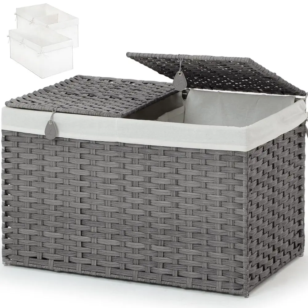 

Basket with 2 separate Lid,160L Handwoven Rattan Shelf Basket with Cotton Liner and handlesStorage Box Basket for Bedroom,Laund