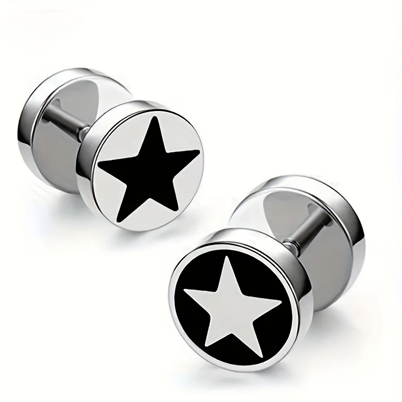 2pcs Unisex Fashion Street Cool Stainless Steel Star Round Dumbbell Stud Earrings for Men Women Daily Party Wear Jewelry 8mm