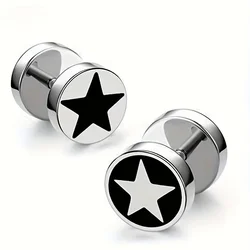 2pcs Unisex Fashion Street Cool Stainless Steel Star Round Dumbbell Stud Earrings for Men Women Daily Party Wear Jewelry 8mm