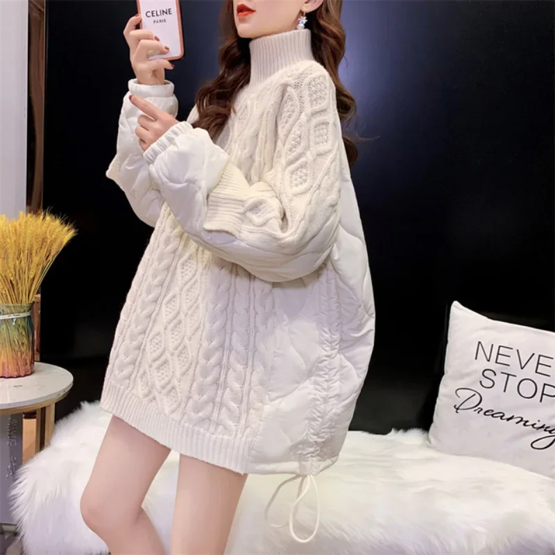 QNPQYX New Spliced Winter Pullovers Super Warm High-neck Mid-length Women\'s Sweater New Loose Lazy Style Thick Top Coat