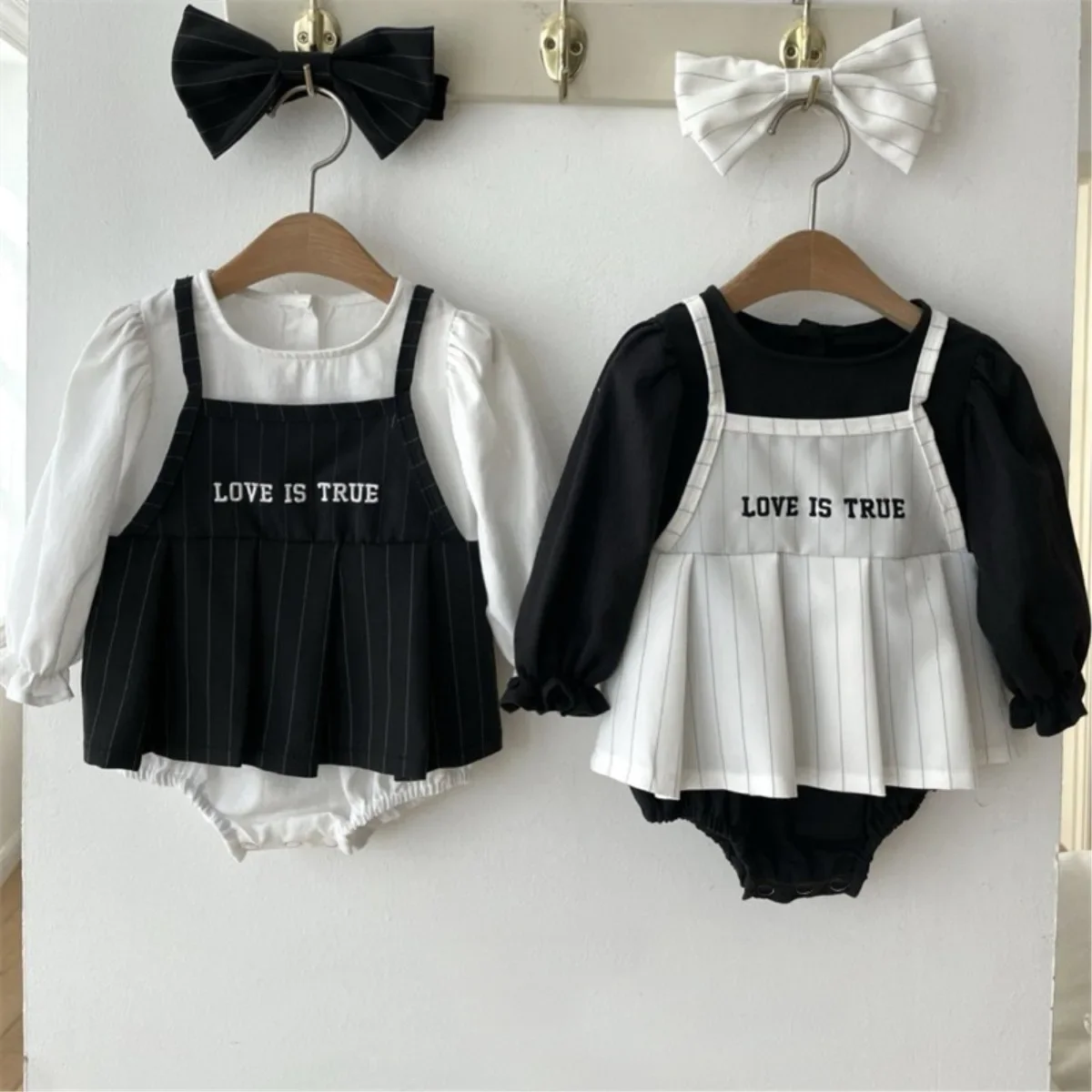 

2026 Spring New Baby Girl Fake Two-piece Bodysuit + Headband 2pcs Set Infant Girl Letter Jumpsuit Toddler Long Sleeve Clothes