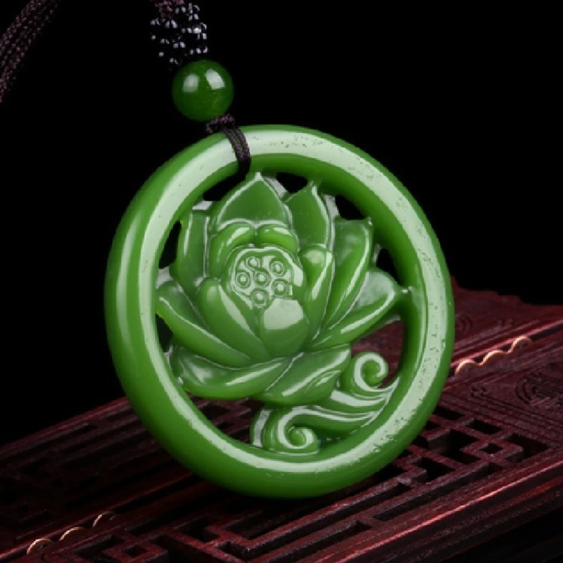 

Spinach Green Jasper Hollow Lotus Pendant Popular Joker Jade Pendant for Men and Women.