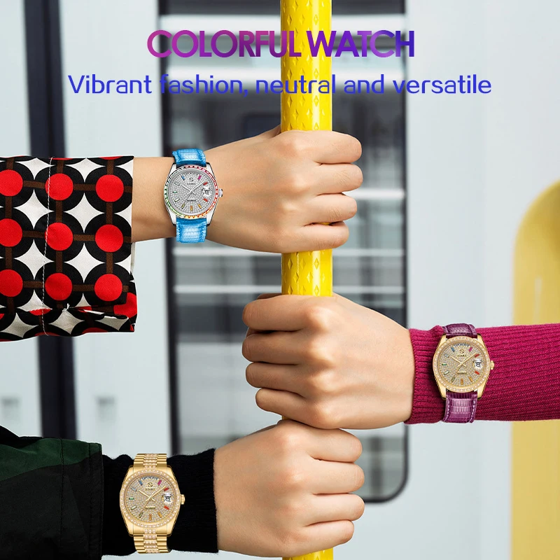 

【START】 Rainbow Diamond Watch Men's and Women's Mechanical Watch 36MM Unisex Size Lizard Leather Strap Date Week Function