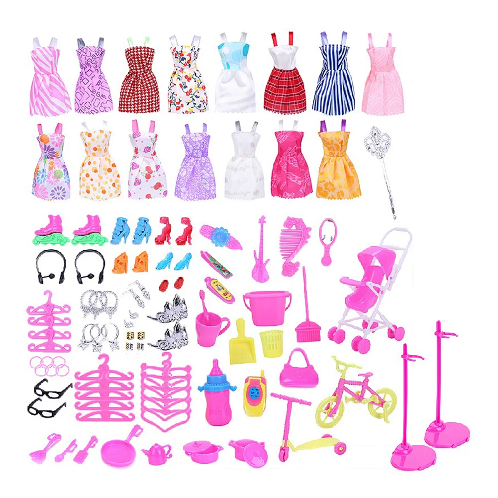 Accessoires de vêtements aléatoires pour Barbie, chaussures, bottes, mini robe, sac à main, cintre, jouets de vélo, cadeau de Noël et d'anniversaire, 03/Wear, 114 pièces