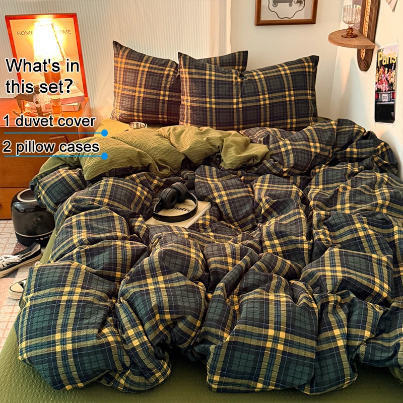 Retro Green Yellow Plaid Bubble Crinkle Bedding Set, 1 Duvet Cover + 2 Pillowcases, Breathable Wrinkle-Resistant Duvet Cover Set