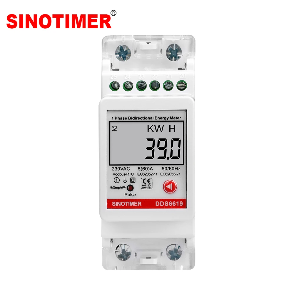 SINOTIMER Single Phase AC 230V 60A Electricity Energy Meter KWH RS485 Modbus Current Voltage Power Measurement 2P Solar PV Meter