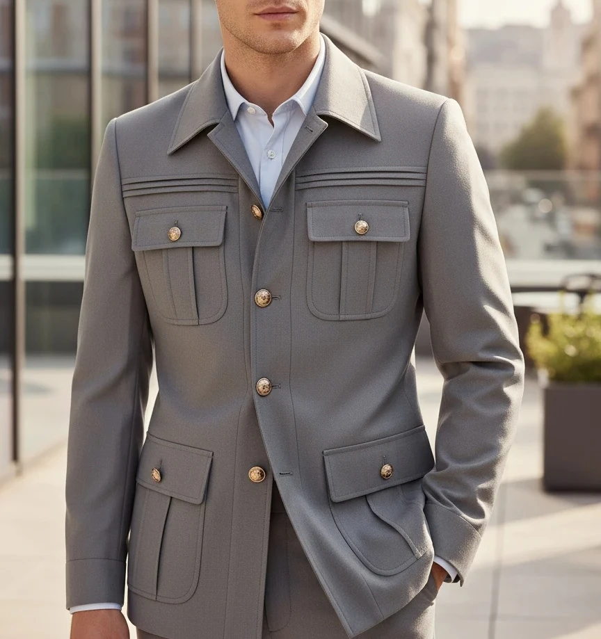 

light gray Elegant Men's suit Classic Fit Multi Buckle Multi Pocket Casual Business Set Men's 2-piece Set