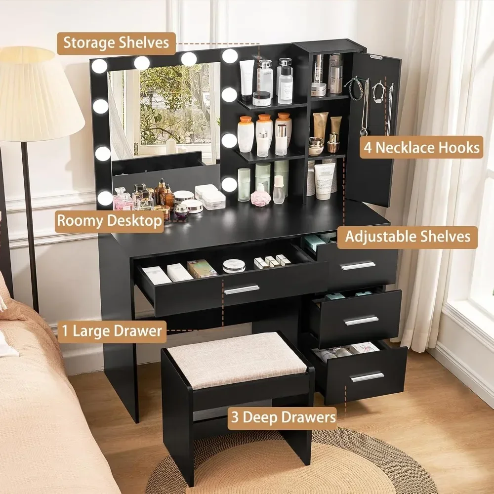 Dresser with light and mirror with 10 LED lights dresser set with 4 drawers cupboard and 4 necklace hooks black Dressers