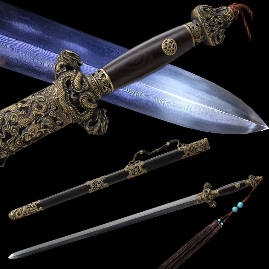 High-Grade Real Sword KUNGFU Dragon Sword Clay tempered Damascus Folded Steel Ebony Handmade Chinese Qing Jian