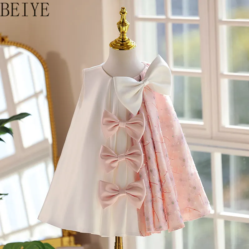 

Children's Round Neck Princess Dress Performance Daily Sweet Style Birthday Party Dress Little Girls Bow Design Pink White Dress