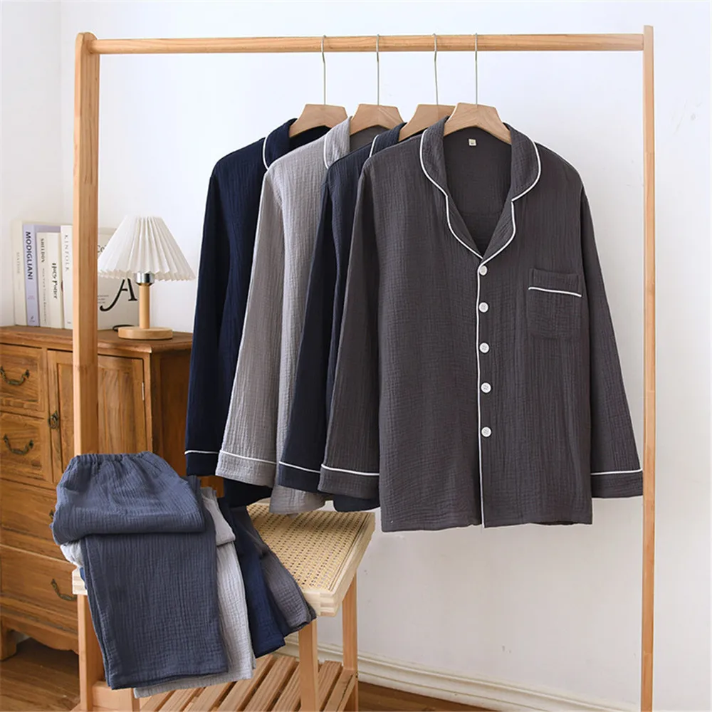 طقم بيجامات قميص بأكمام طويلة للرجال لربيع الخريف من القطن الرقيق غير الرسمي ملابس منزلية فضفاضة #1