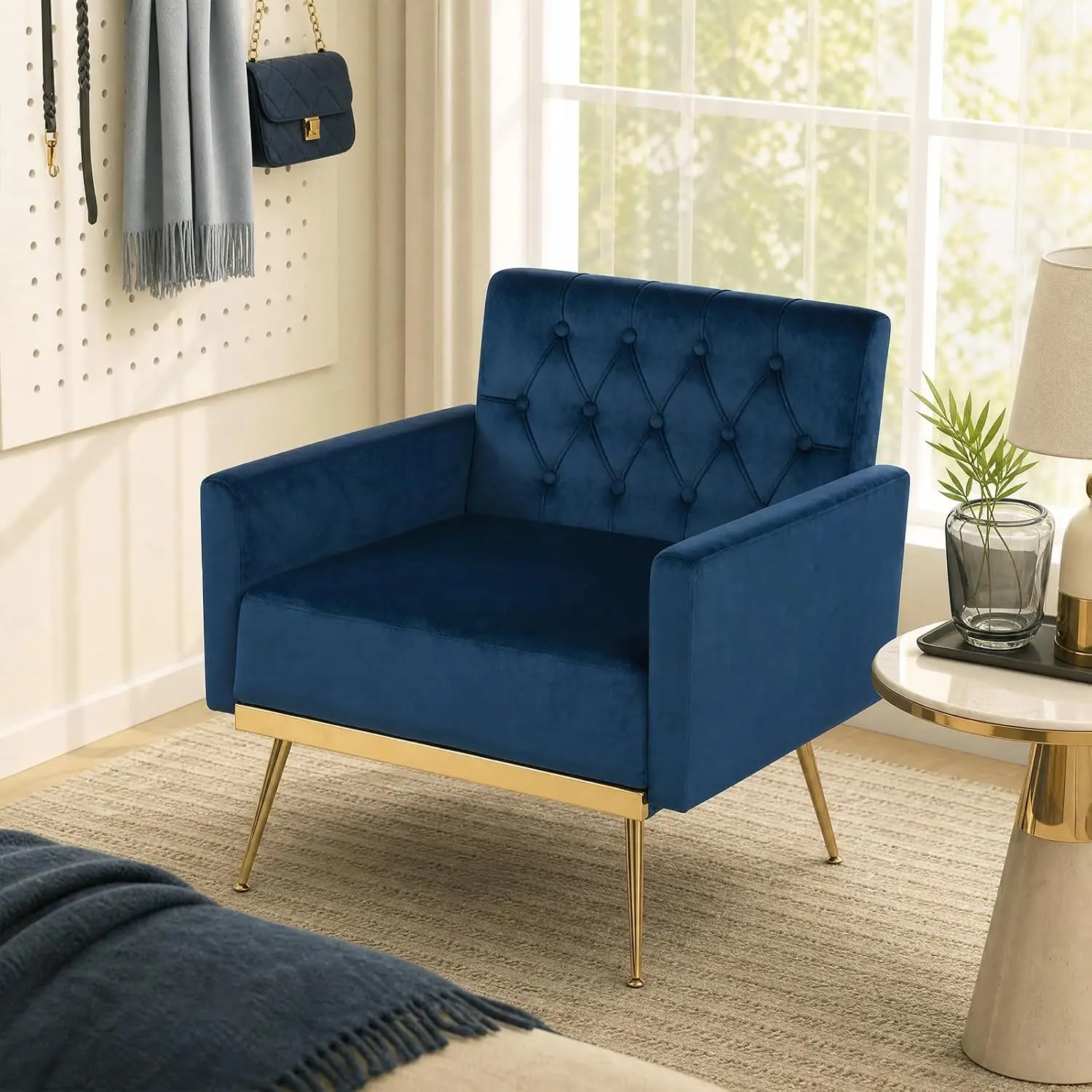 Modern Velvet Accent Chair, Upholstered Single Sofa Chair (Blue) | Button Tufted Back, Golden Metal Legs, Adjustable Foot