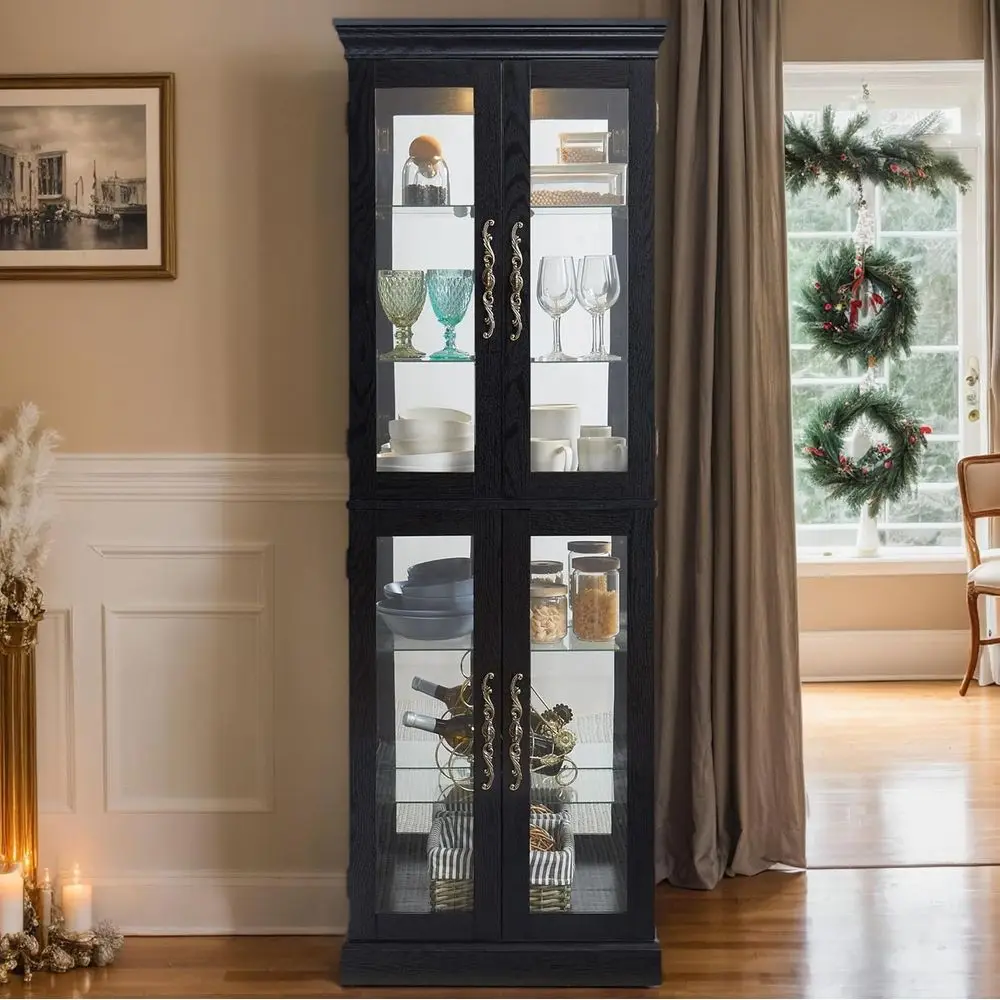 

Vintage 71-Light Curio Cabinet, 6 Adjustable Shelves, Tempered Glass, Black Square Design