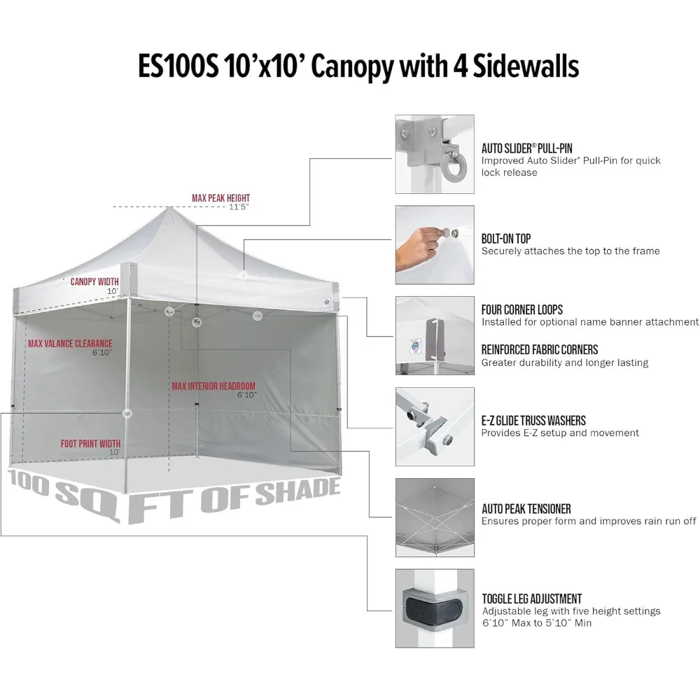 E-Z UP ES100S Commercial Up Canopy Tent, 10' x 10' with 3 Sidewalls, 1 Mid-Zip Sidewall and Wide-Trax Roller Bag,