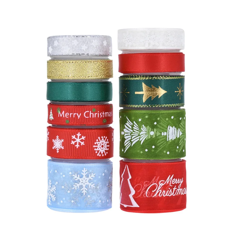 22yard/bag 10/15/25mm Christmas Tree/Snowflake Printed Polyester Ribbon Wrapping Xmas Gifts DIY Crafts Packing Handmade Decor