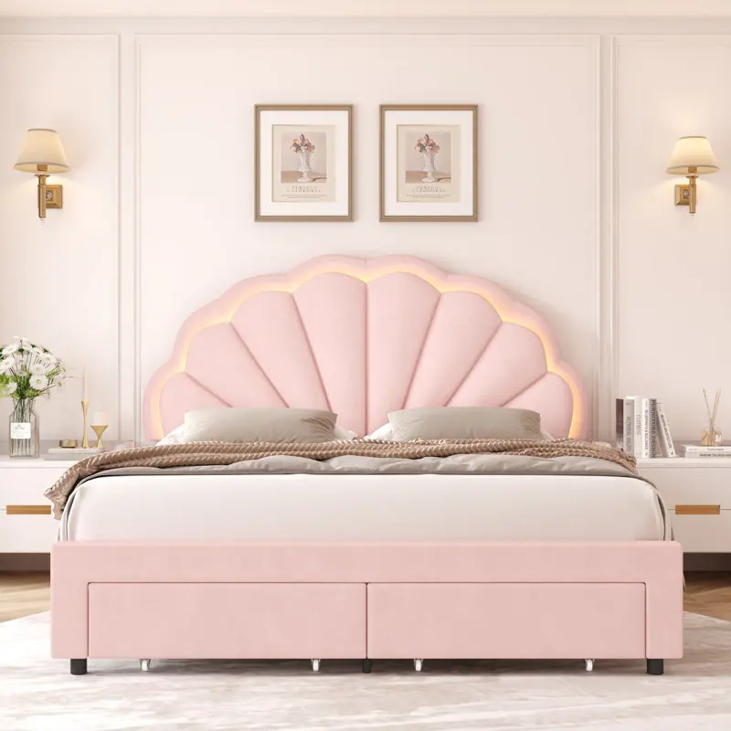 Kainice Mid century Modern Light Headboard king Size Velvet Kid Bed Frame Up-holstered Storage Queens Beds for Bedroom