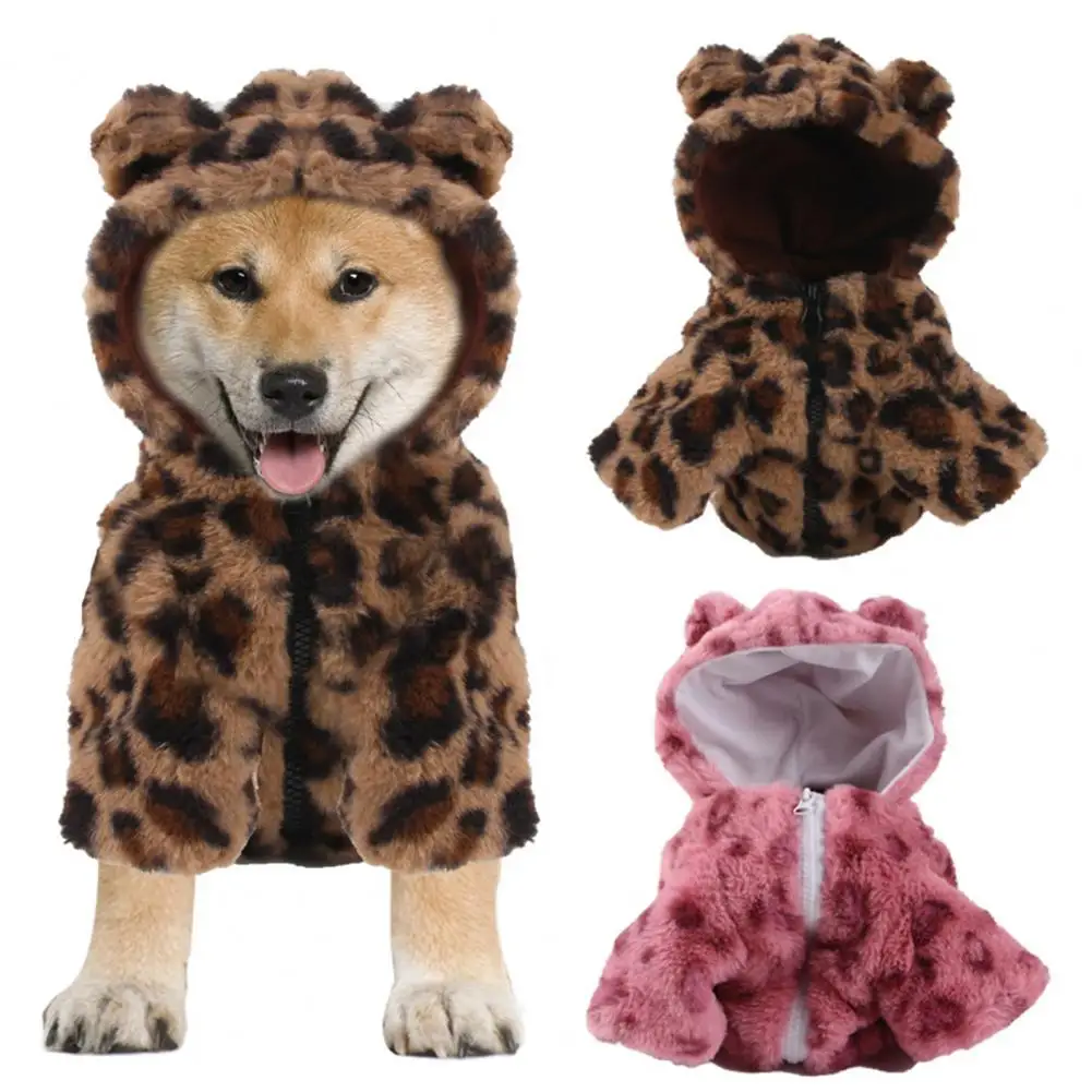 Windproof Leopard Print Hooded Coat for Pets, Plush Puppy Hoodie, Thermal Coat, Dog Outfits, Winter Zipper Clothes