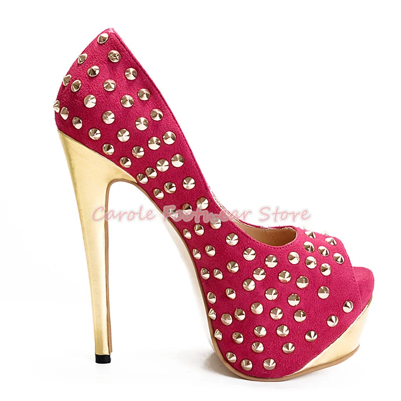 

Fashion Rivet Decor Peep Toe Stiletto Women Pumps Chunky Platform Super High Heel Sandals Lady Wedding Party Dress Shoes