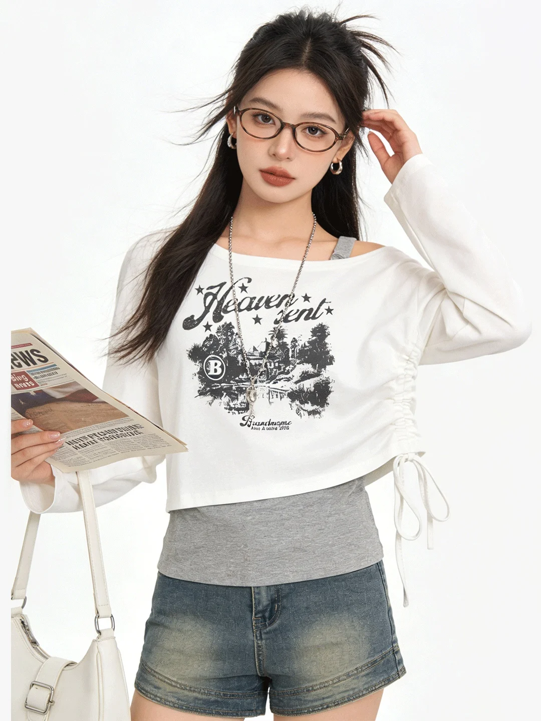 

Korean Sle Dstring Design Letter Print Crop Top And Tank Top Set Faionable Layering Slimming Spring Outfit for Women