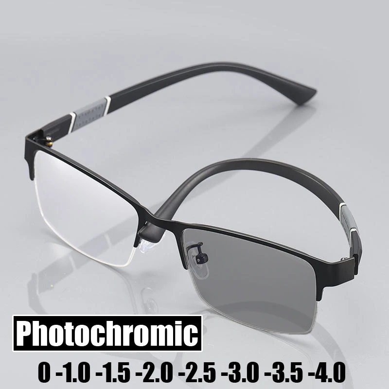 

Smart Photochromic Near Sight Sun Glasses for Business Women Men Retro Metal Half Frame Myopia Eyewear Anti-UV Minus Goggles