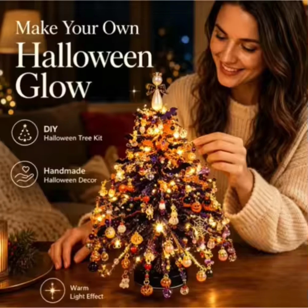 Handmade DIY Beaded Christmas Tree Kit – Crystal Bead Holiday Craft Set with LED Lights, Home Decor Christmas Gift for Adults