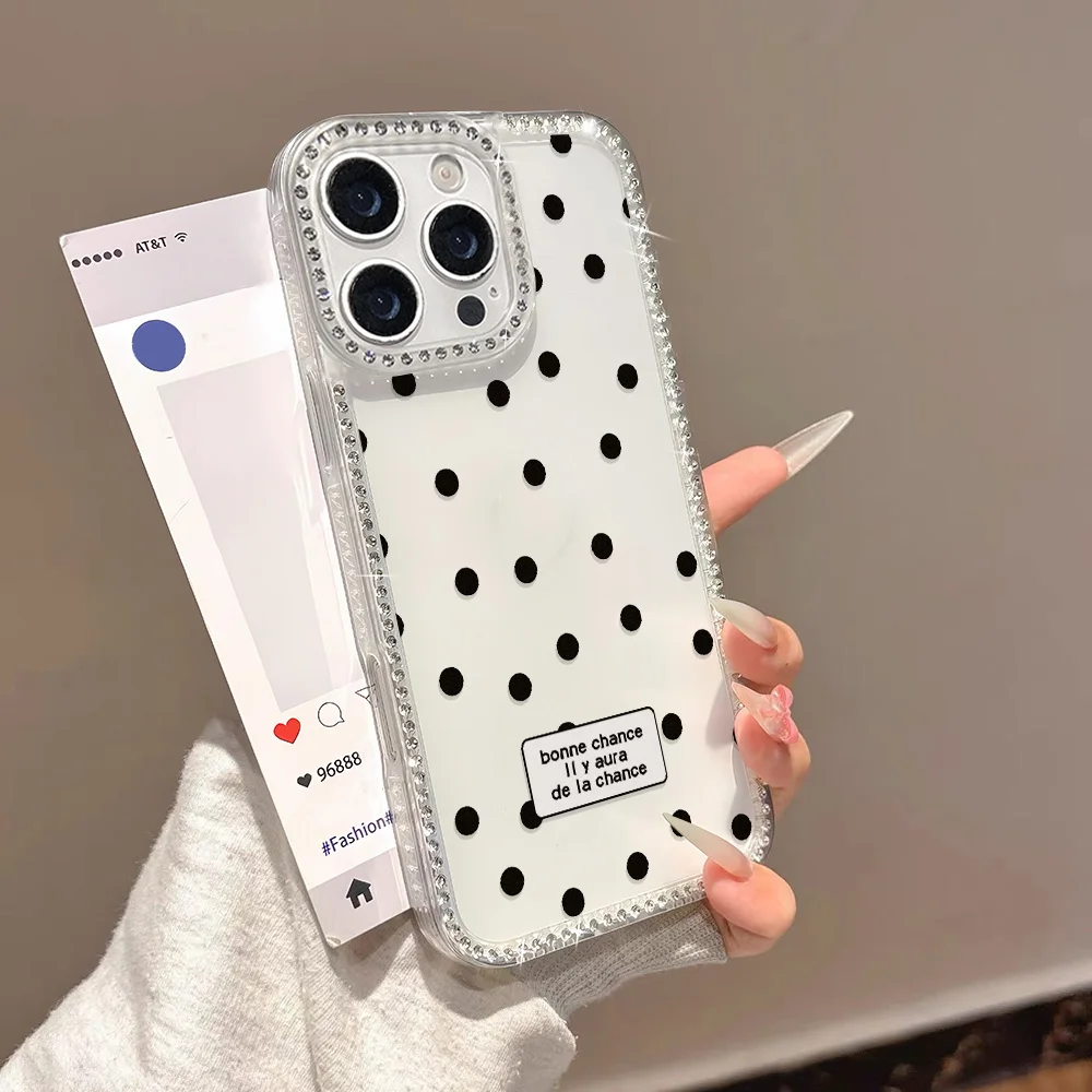 Painted Phone Case for Apple iPhone 17 16 15 14 13 12 Pro Max Air 11 Cases Rhinestone Border Polka Dot Good Luck Shockproof Capa view 5