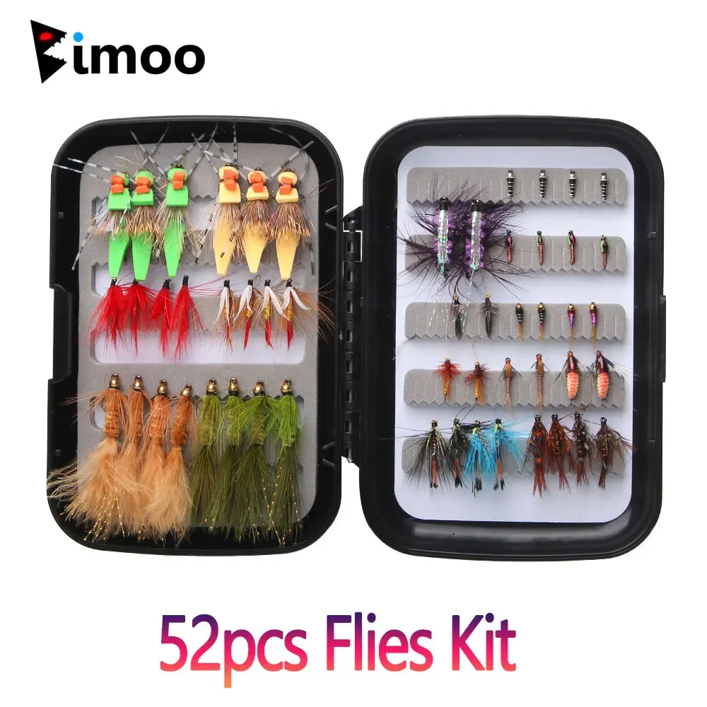 

Bimoo 52pcs Flies Kit/Box Foam Grasshopper Dry Fly Wet Fly Caddis Sedge Lumo Scud Nymph March Brown Wet Nymph Zebra Midge Trout