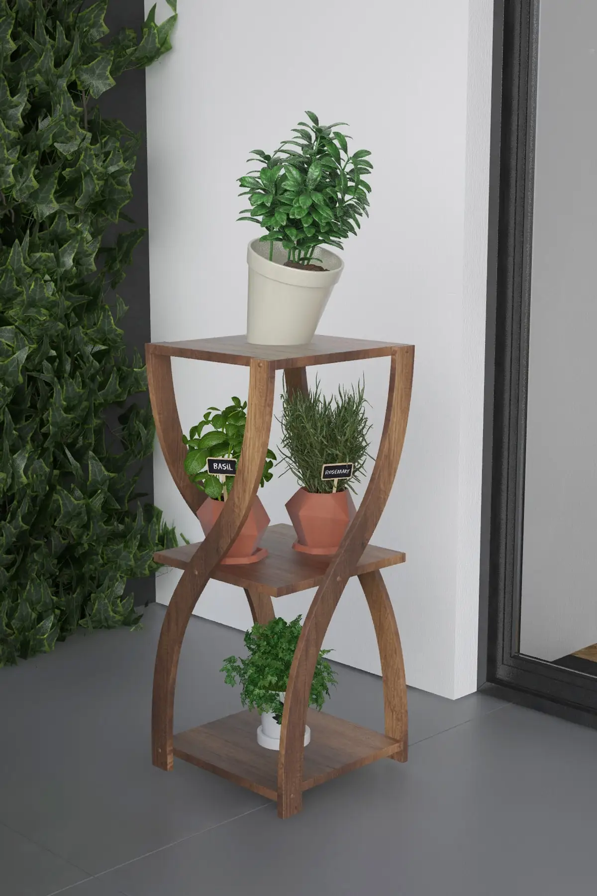 Hourglass Model Jardiniere Çiçeklik Flower Pot Stand Barog Walnut