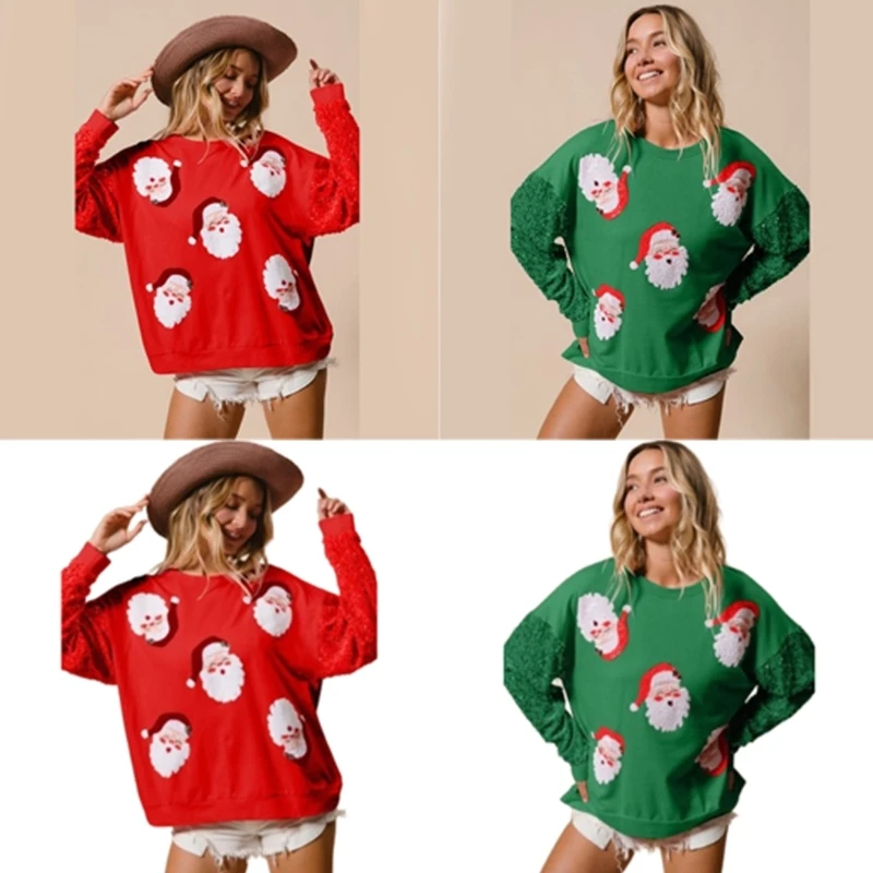 Womens Christmas Nutcrackers Santa Graphics Sweatshirt Funny Shirt Sequined Long Sleeve Crewneck Oversized Pullover Top