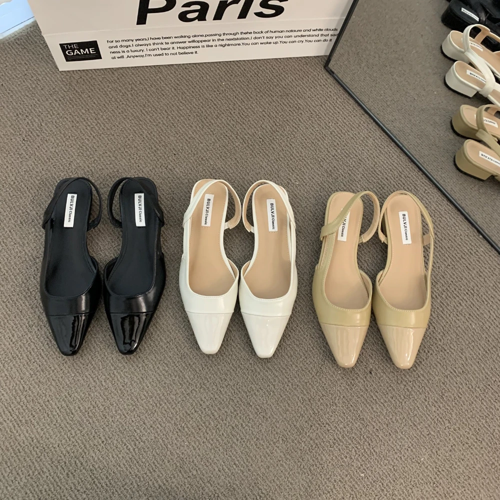 French Nude Color Low Heel Baotou Sandals for Women Pointed Toe Thick Heels Back Air Style Single Shoes Ladies Footwear image 2