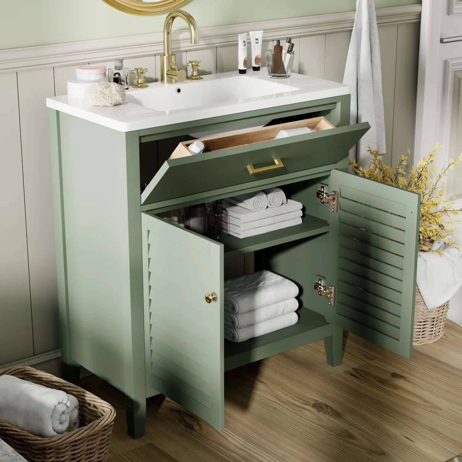 

30-Inch Bathroom Vanity with Ceramic Sink Combination, Ample Storage - Features 1 Pullout and Multifunctional Shelf Dividers