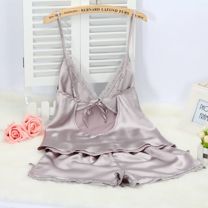 2024 New Strap Top&shorts Sexy Lace Trim Pyjamas Nightwear Women Satin Loungewear Backless Pajamas 2Pcs Lingerie Home Clothes