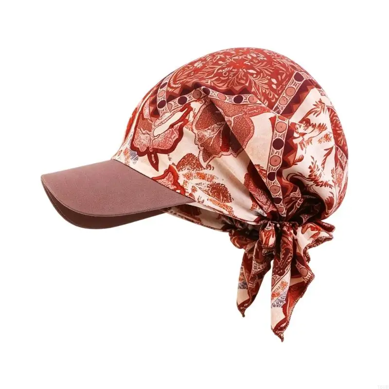 Wide Brims Sun Shade Scarf Hat for Women, Lightweight Printed Polyester Sun Hat with Back Tie for Travel and Sunny Day Y08E