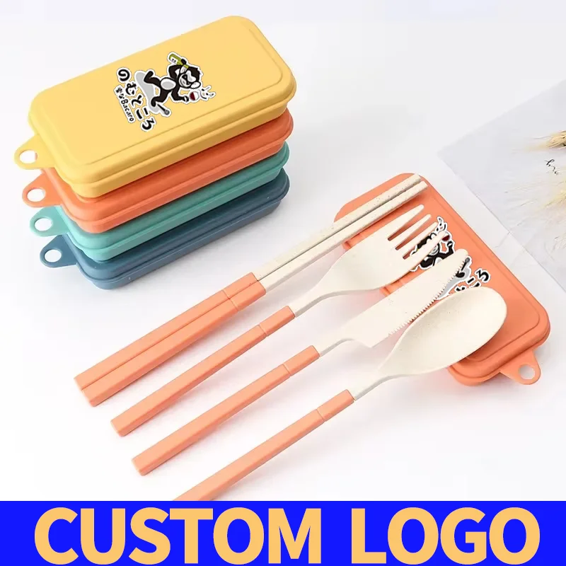 

Пользовательский логотип, деловая сувенирная пшеничная солома, портативная ложка, вилка, нож, палочки для еды, набор столовых приборов с коробкой, складной, съемный для улицы