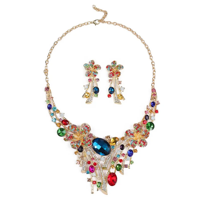 Western Colourful Rhinestone Flower Earrings and Necklace