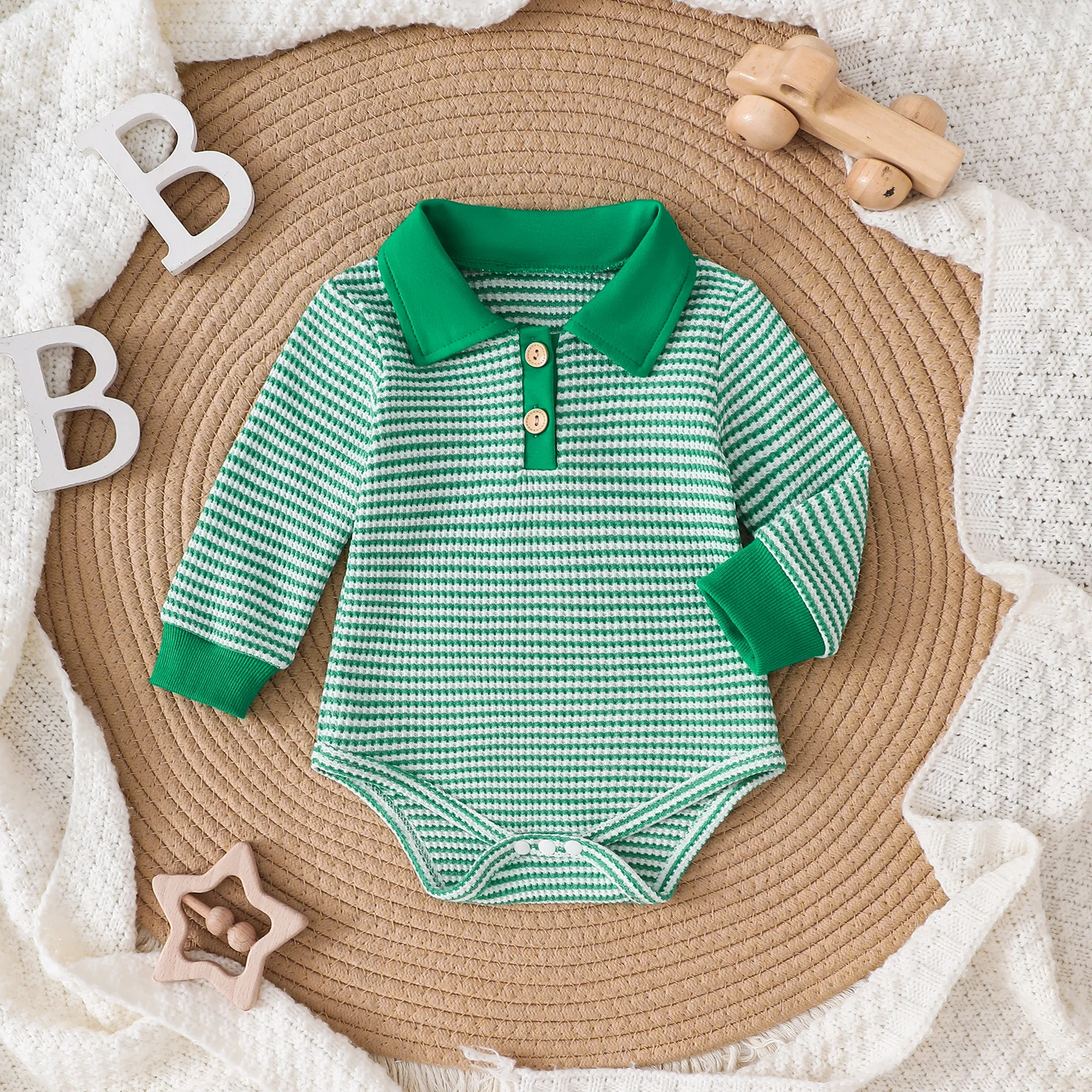 Waffle Green Striped Polo Collar Neutral Baby Long Sleeve Bodysuit Casual Infant Romper