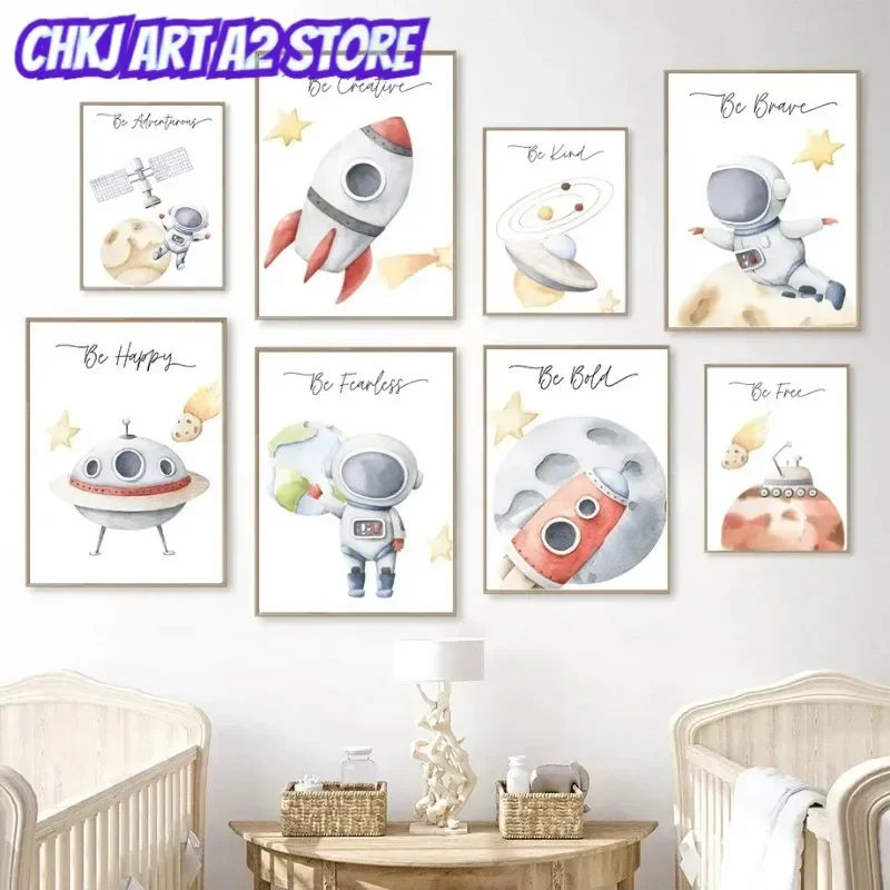 Canvas Painting Rocket Astronaut UFO Space Planet Star Nursery Wall Art Nordic Posters And Prints Wall Pictures Kids Room Dec