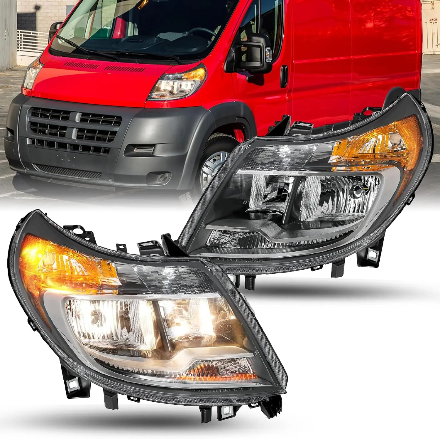 DRL Headlight Assembly Compatible with 2014-2022 Promaster 1500 2500 3500, 6-Pin Factory Halogen Headlamp, Left and Right Side
