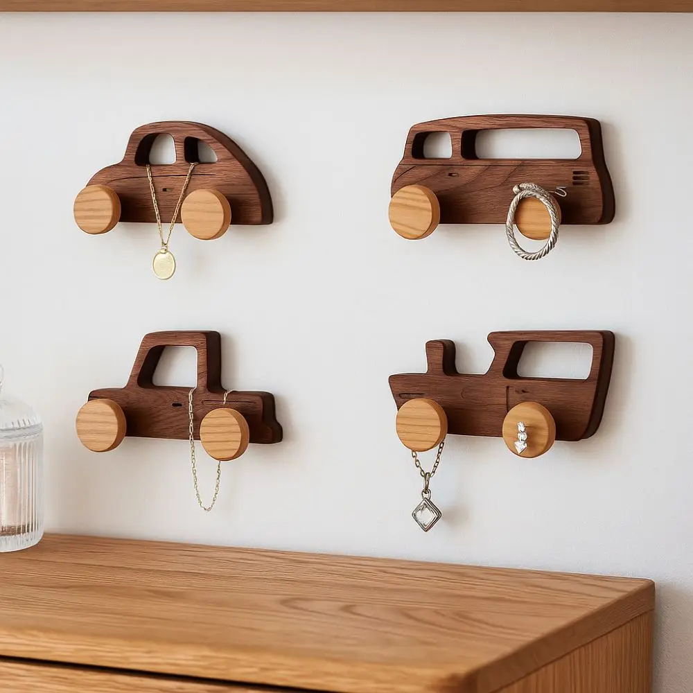 

Durable Wall Mounted Wood Car Shaped Hooks Decorative Vintage Double Hooks Key Holder Cute Coat Bag Hook Entrance