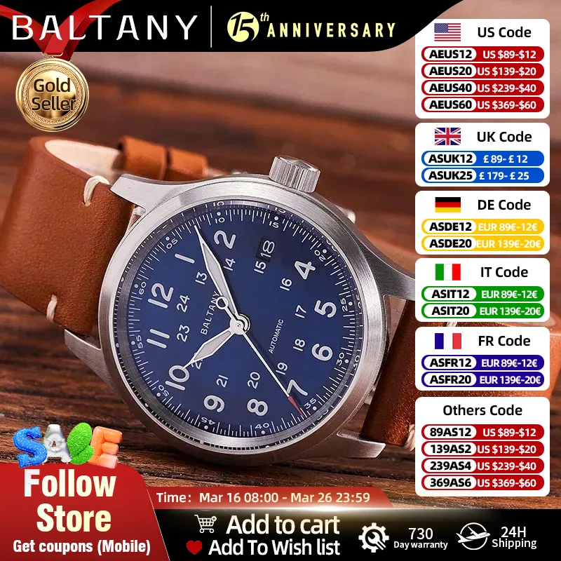 Baltany Military Field Watch S2049 Sapphire Calendar 24H Indicator Luxury Men's NH35 Auto Mechanical Homage Waterproof Watches