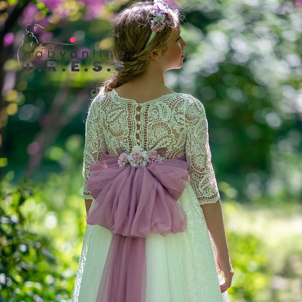 

BABYONLINE Customized Comunión Dress Laces Florals Tulle with Half Sleeves Embroidered Tiered Skirt Ceremoney Clothes Minibride