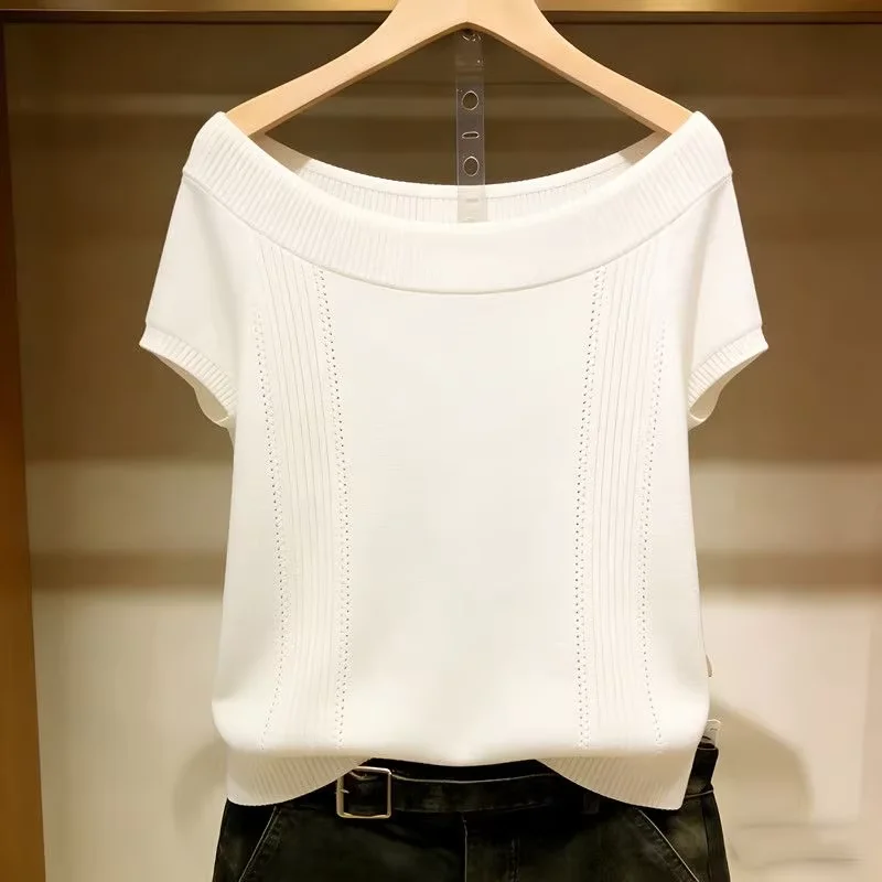 Summer New Fashionable Slimming Short Sleeve Knitted Top One Shoulder Conceal Meat High Grade Sensation Versatile Stylish