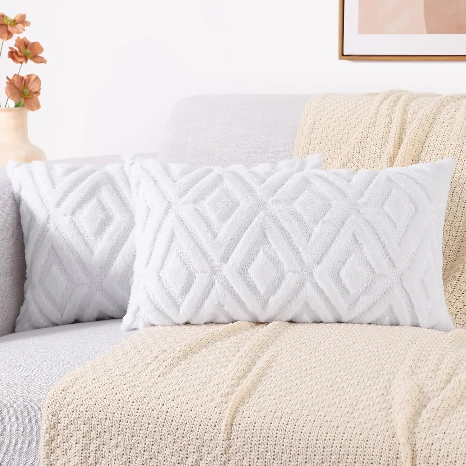 

Couch Throw Pillow Covers 12X20 Set Of 2, Decorative Soft Plush Faux Wool Lumbar Pillow Covers For Bed Sofa Living Room, Pure