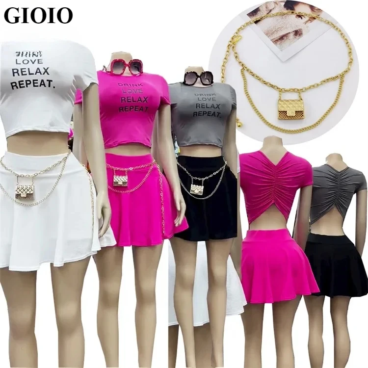 GIOIO Summer Girl Skirt Set Fashion New Letter Print O Neck Ruched Crop Top High Waist Pleated Skirt Set